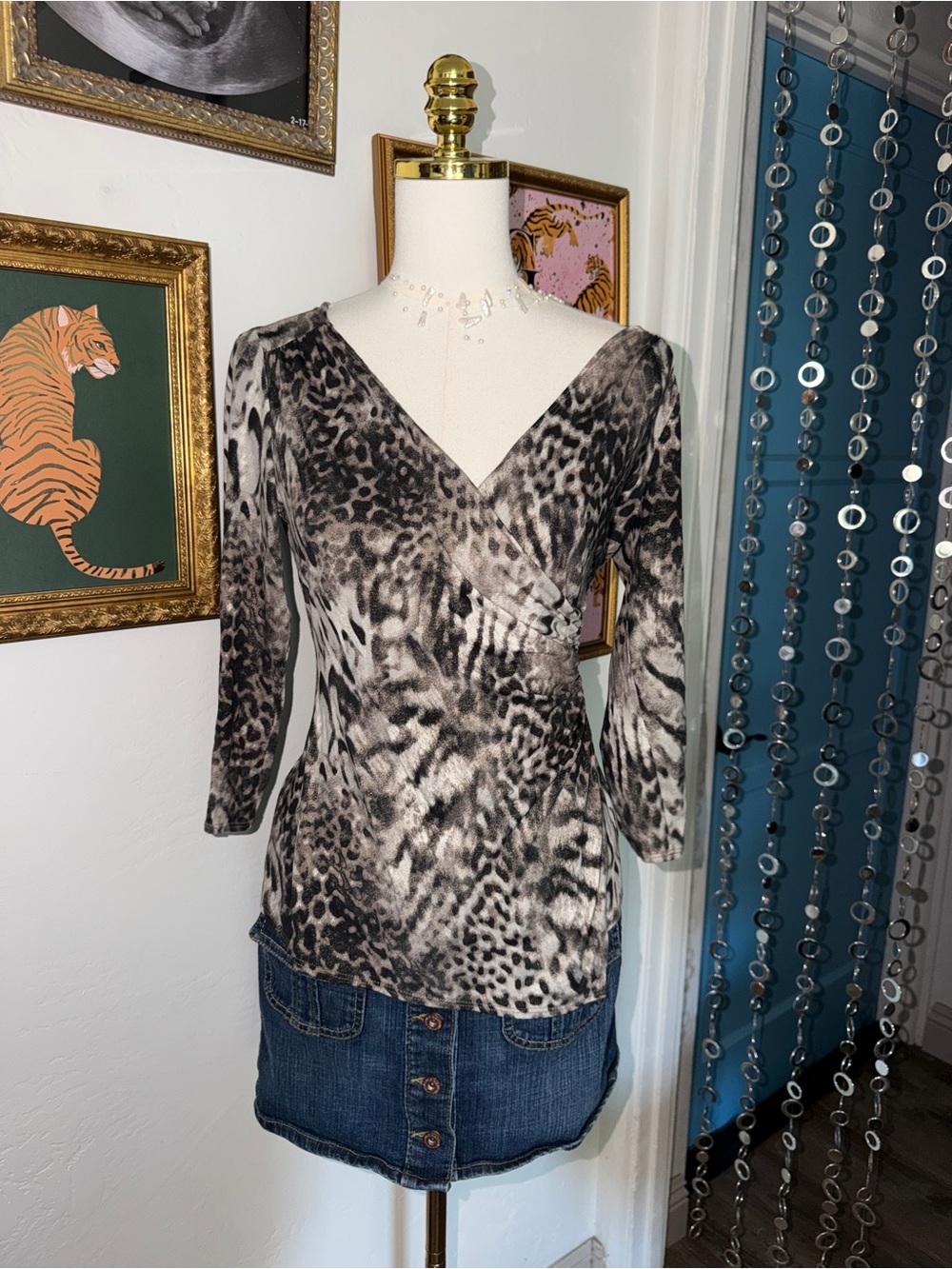 Vintage Y2k Cache Animal Print Wrap-Style Women's Top - Gray/Black